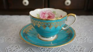 Vintage Aynsley Turquoise Pink Wild Rose Gold Cup & Saucer C978,  England