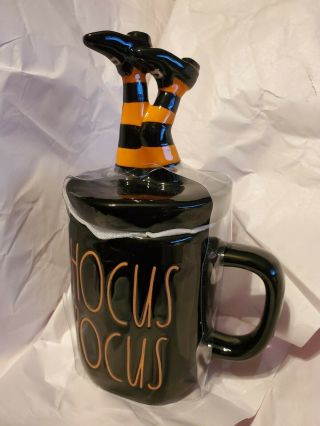 Rae Dunn Halloween HOCUS POCUS Mug w/ Witch Leg Lid - NWT Black & Orange 2