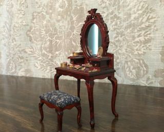 1/12 Dollhouse Miniature Mahogany Dressing Table & Vanity Set