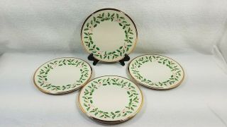 4 Lenox Holly Holiday Gold Trim 8 " Salad Plates Usa Made Mint: Multiples