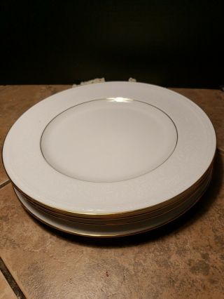 4 Noritake White Scapes Whitecliff Dinner Plates Embossed White on White Gold tr 2