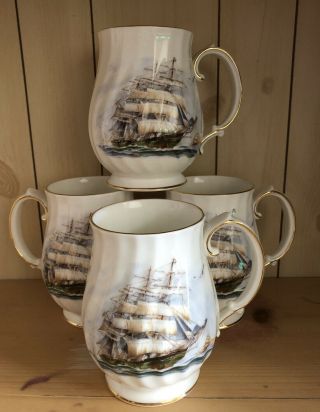 Royal Kent Fine Bone China Set Of 4 Clipper Ship Cups Mugs Made In England Vtg