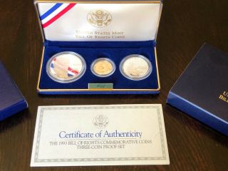 1993 Us Bill Of Rights 3 Coin Proof Set Gold & Silver