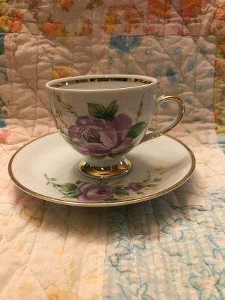 Vintage Mitterteich Tea Cup And Saucer Purple Rose Pattern Made In Bavaria