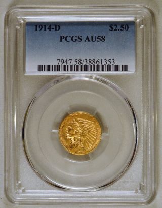 1914 - D Denver Us Indian Head $2.  50 Quarter Eagle Gold Coin Pcgs Au58