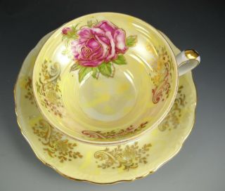 Lm Royal Halsey Pink Rose W/ Yellow Lusterware Tri - Footed Tea Cup And Saucer Set