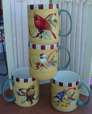Lenox Winter Greetings Set Of 4 Mugs Cardinal Chickadee Nuthatch Goldfinch