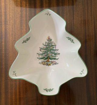 Spode 12 " Christmas Tree Bowl White With Green Trim