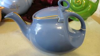 Vintage Hall Pottery USA 0325 Art Deco 6 Cup Teapot Blue w/Gold Trim 3