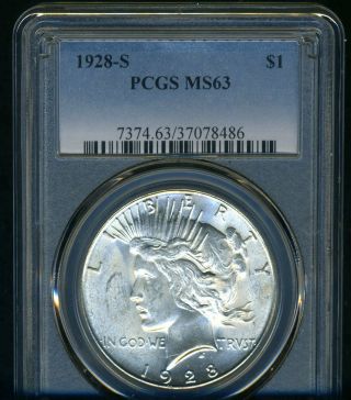 1928 - S Peace Dollar Pcgs Ms63 - - - Bright White Coin - - - Cartwheel Luster