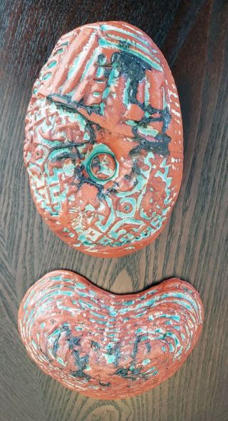 2 Vintage Mid Century Modern Ceramic Art Redware Abstract Pottery Wall Hangings