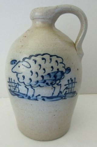 1990 Rowe Pottery 8 " Salt Glazed Stoneware Jug With Sheep Design,  Euc