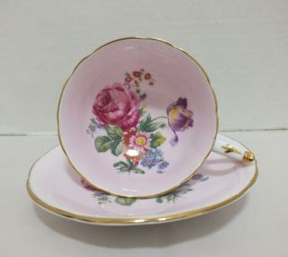 Paragon Double Warrant Wide Mouth Pink Cup And Saucer With Pink Cabbage Rose Bou