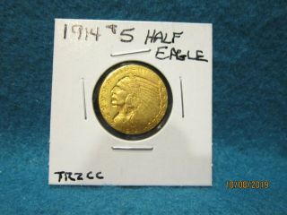 Vintage U S 1914 $5.  00 Indian Head Half Eagle Gold Coin