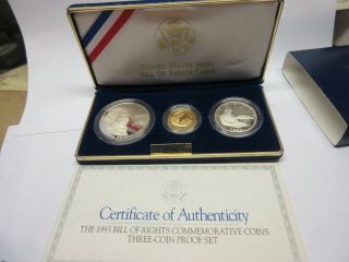 1993 U.  S.  Bill Of Rights Commemorative 3 Coins Gold & Silver Proof Set W/box & C