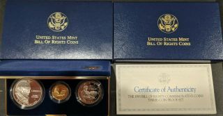 1993 Us Bill Of Rights 3 - Coin Commemorative Proof Set W/ Gold,  Box,  And Rare