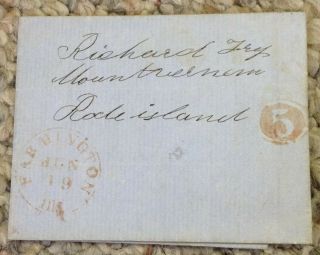 1852 Stampless Letter Cover Farmington Illinois To Mount Vernon Rhode Island