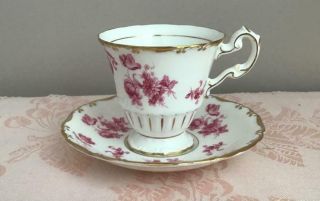 Vintage Coalport Pink Floral & Gold Gilt Pedestal Tea Cup & Saucer