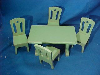 5pc - 1930s Dollhouse Miniature Wood Kitchen Table Set Orig Green Paint