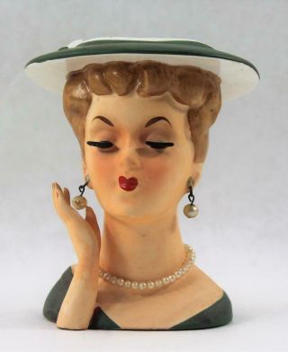 Vintage Napco Lady Head Vase Planter Green Hat & Dress Pearls Red Finger Nails