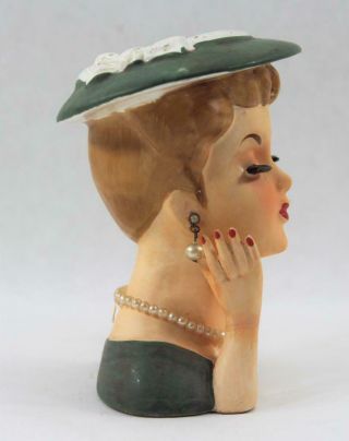 Vintage Napco Lady Head Vase Planter Green Hat & Dress Pearls Red Finger Nails 2