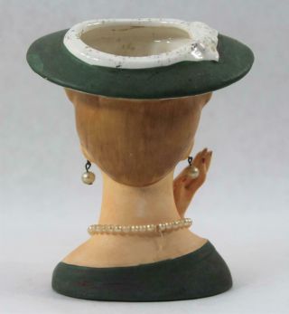Vintage Napco Lady Head Vase Planter Green Hat & Dress Pearls Red Finger Nails 3
