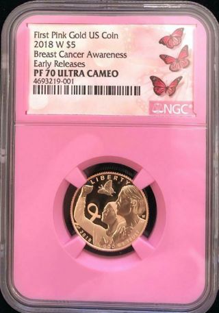 2018 W Pink Gold U.  S.  Coin Ngc Pf 70 Ucam Breast Cancer Awareness Box & N/r