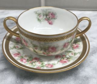 Coronet Limoges France Cream Soup Cup And Saucer Pink Roses Gold Gilt