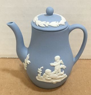 Wedgwood Blue And White Jasperware Miniature Coffee Pot,  2 /3” Tall