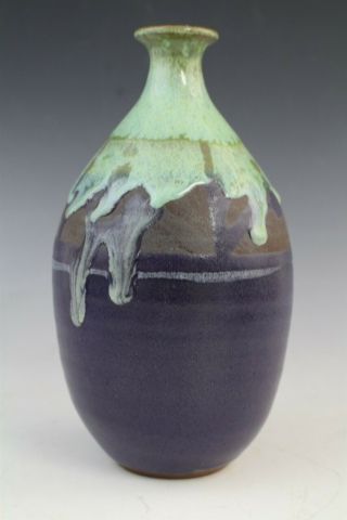 Vtg Signed Lee Grey Navy Mcm White Drip Glazed Studio Art Pottery Vase