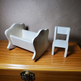 Vintage Dollhouse Miniature White Wood Baby Cradle Made In Germany