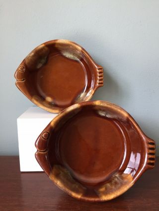 Set Of 2 Hull Pottery Brown Drip Glaze Oven Proof 9381 Fish Shaped Bowls