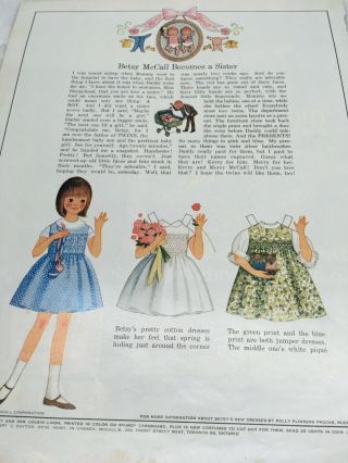 1966 Vintage Betsy Mccall Becomes A Sister Paper Dolls Uncut