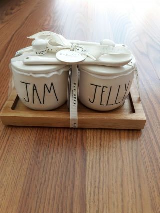 Rae Dunn,  Jam Jelly W Wooden Tray Cellars Spoons Gift Set