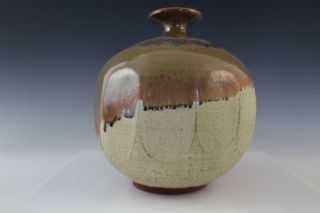 Vintage Signed Talle Studio Art Pottery Brown Drip Glaze Small Rim Globe Vase
