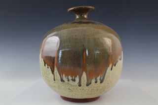 Vintage Signed Talle Studio Art Pottery Brown Drip Glaze Small Rim Globe Vase 3