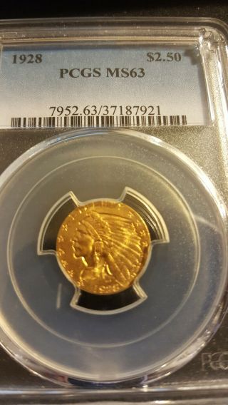 1928 - P $2.  50 Gold Indian Head 2 1/2 Dollar Gold Quarter Eagle Pcgs Ms 63