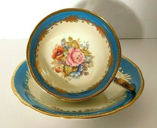 Aynsley Turquoise & Gold Floral Cup And Saucer Signed J.  A.  Bailey As - Is