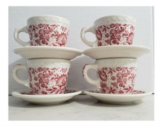 Vintage Syracuse China Roxbury Red Set Of 4 Restaurant Ware Cups And Saucers