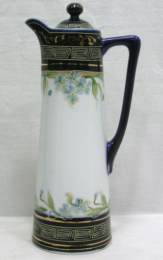 Vtg Hand Painted Nippon Chocolate Pot Cobalt Greek Key Blue Flowers 10 "