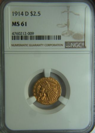 1914 - D $2.  50 Indian Head Gold Quarter Eagle Ngc Ms61