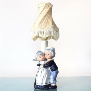 Delft Blue Holland Table Lamp Vintage Cute Boy And Girl With Clip - On Shade