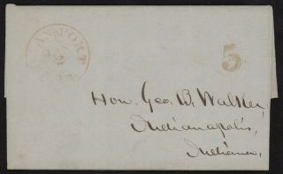 1850 Us Stampless Folded Letter W/red Logansport Ind.  Pmk To Indianapolis,  In