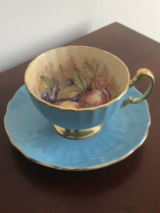 Vintage Aynsley China Orchard Fruit Gold Gilt Tea Cup and Saucer Signed D.  Jones 2