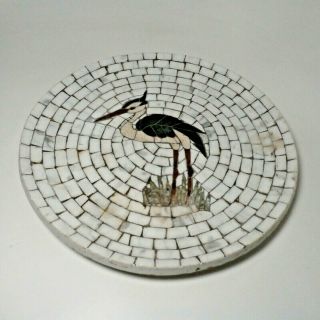 Vintage Large 10 " Mcm Heide Mosaic Tile Stork Egret Bird Plate Art From Denmark