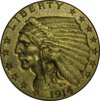 1914 - D $2.  5 Indian Head Gold Quarter Eagle Au