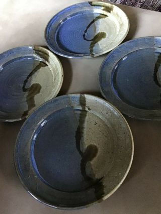 4 Catherine Cariaso Hand Thrown Studio Pottery 8.  5” Plates Blue Tan Stoneware