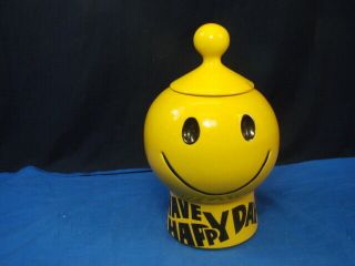 Vintage Mccoy Pottery Have A Happy Day Yellow Smiley Face Cookie Jar 1970s