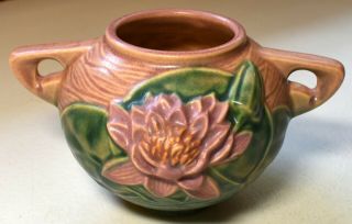 Vintage 1943 Roseville Art Pottery Water Lily Two Handled Vase 437 - 4