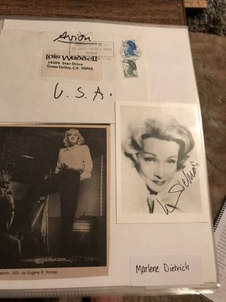 Marlene Dietrich Signed Photo 3.  5x5 W/envelope B/w Autograph Actress Movie Star